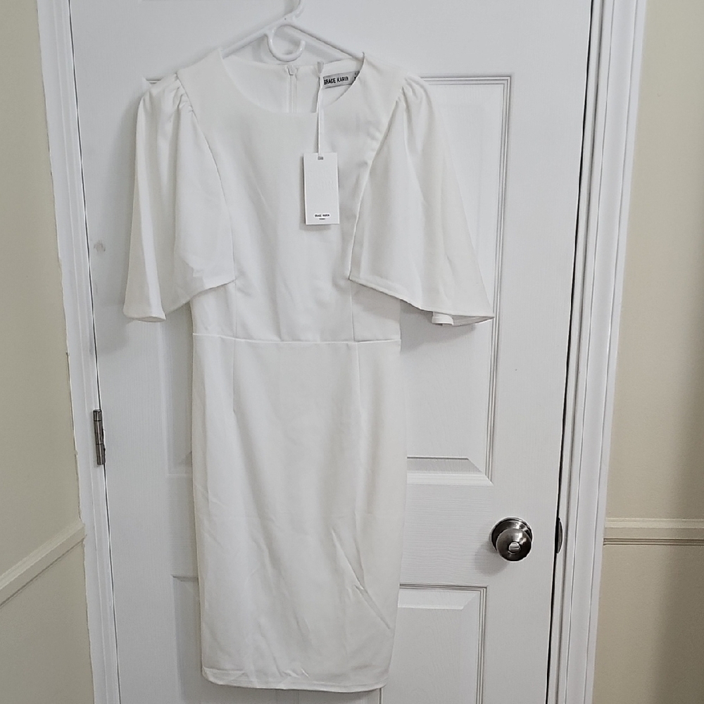 Grace Karin Elegant White 3/4 Ruffle  Sleeve Dress. Size S. Nwt.